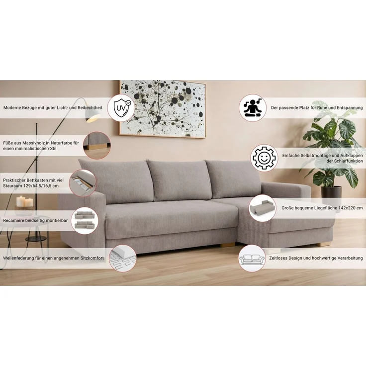 Home affaire Ecksofa MAGHERA universell Schlafsofa mit Bettkasten, Maße B/T/H: 255/142/84cm, L-Form mit Recamiere rechts oder links montierbar, hoher Sitzkomfort – Bild 2