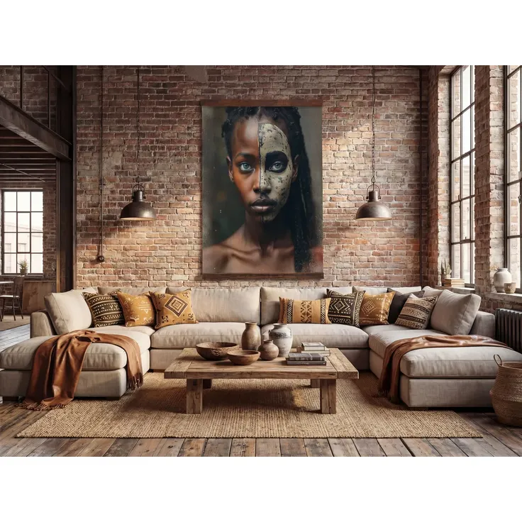 Afrikanisches Wandbild Canvas 90x150 cm Duality Boho-Stil Hochformat Altholzrahmen Leinwandbild Woodkings Serie Canvas