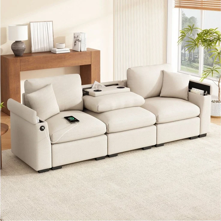 Merax 3-Sitzer Sofa aus weichem Chenille, Multifunktionssofa mit USB-Anschluss, für Wohnzimmer, Büro und Heimkino 1 Teile, XXL Sofa mit klappbarer Rückenlehne, Getränkehalter & Stauraum – Bild 5