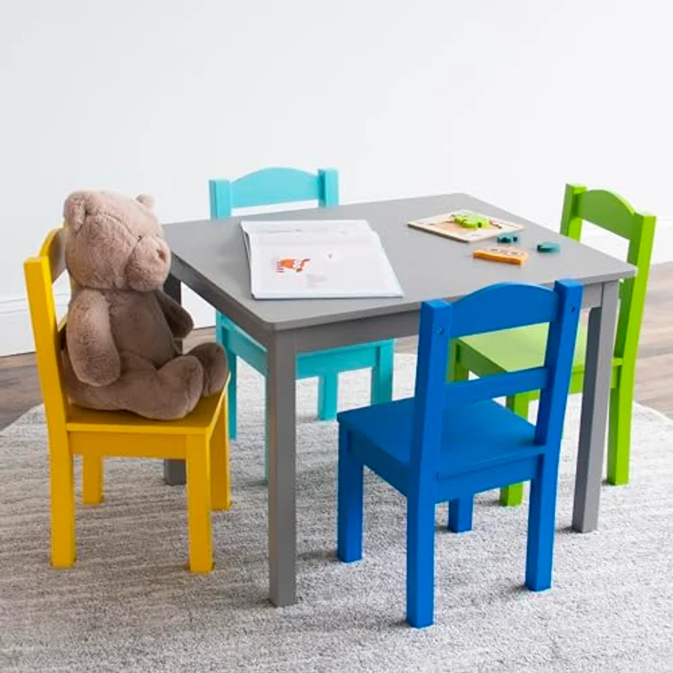 Humble Crew bunter Holztisch für Kinder, Grau/Blau/Grün/Gelb! Mit 4 Stühlen, ideal für Kinderzimmer. Jetzt fröhlichen Spielspaß schaffen! Kaufen – Bild 4