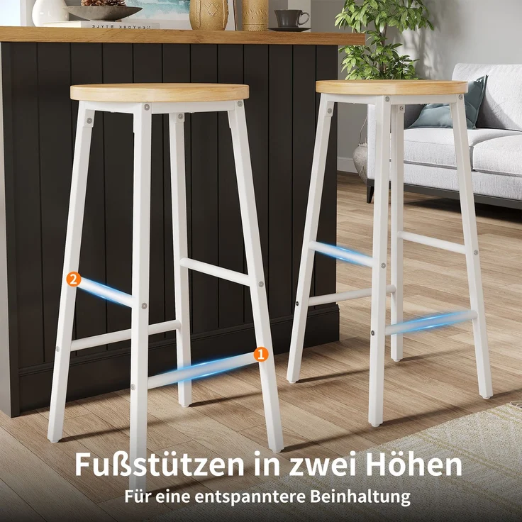 2-Set Barhocker mit Holzoptik-Sitz, 63cm, belastbar bis 150kg pro Hocker, mit zwei Fußstützen & verstellbaren Füßen, Weißer Metallrahmen--Weiß--30x30x63cm--YOUDENOVA – Bild 5