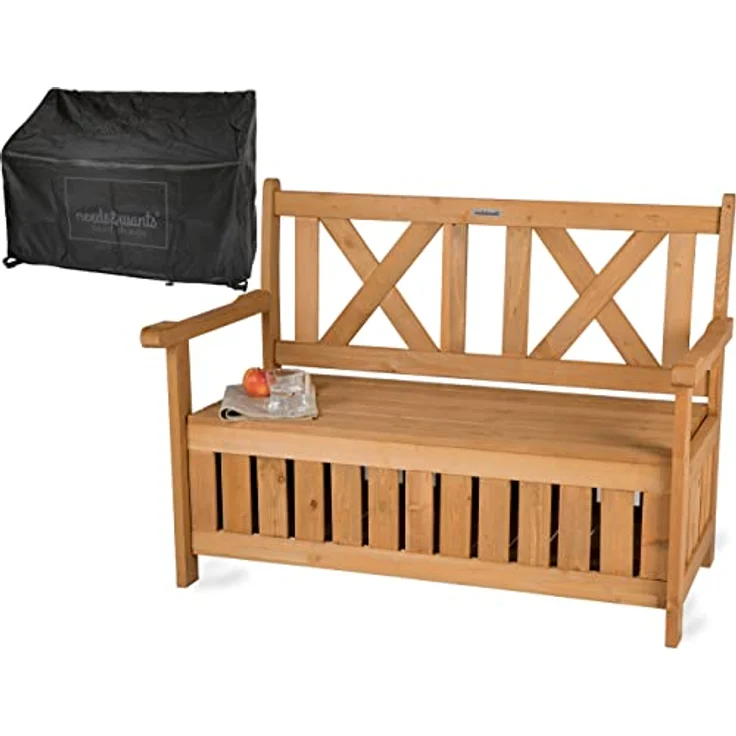 needs&wants Chesty3 Zoll Gartenbank Holz wetterfest, 2-Sitzer Truhenbank mit Stauraum, Dunkelbraun, Massivholz mit Abdeckung – Bild 1