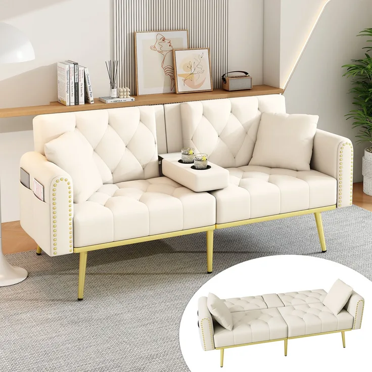 Schlafsofa mit 3-fach verstellbarer Rückenlehne und Getränkehalter, Velours, 175x80x73,5 cm, Beige