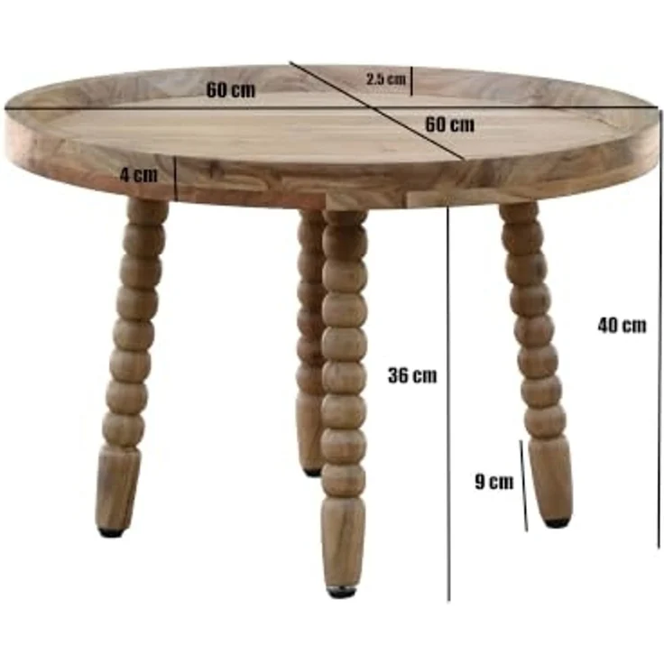 FINEBUY Couchtisch FB117841 Massivholz 60cm Sofatisch Beistelltisch Kaffeetisch Tisch (Traditioneller Wohnzimmertisch aus Akazienholz), Runder Kaffeetisch mit dekorativen Beinen – Bild 3