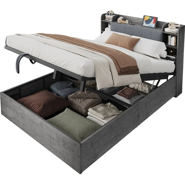 Merax Doppelbett, 180 x 200 cm, Holzbett, Hydraulisches Bett, Kopfteil mit Stauraum, Ausgestattet mit USB-Anschluss und Tape-C-Steckdose, (ohne Matratze) Grau – Bild 10