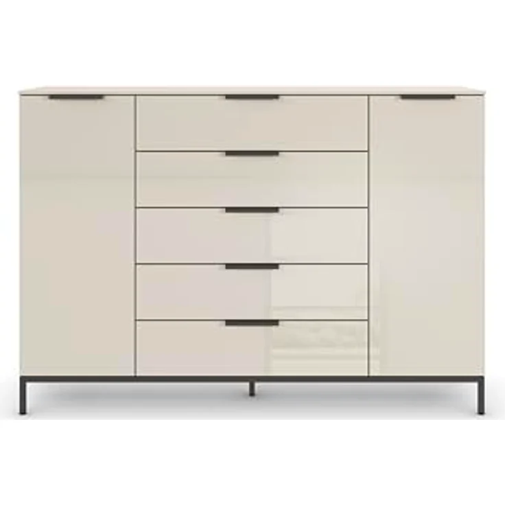 Rauch Möbel Flipp, Nachttisch für Schlafzimmer, Kinderzimmer, Wohnzimmer, Flur, Garderobe, 2-türig, 5 Schubladen, mit Softclose-Funktion, Griffe und Metallkufe Graphit, Farbe Glas Beige, Breite 160 cm – Bild 6