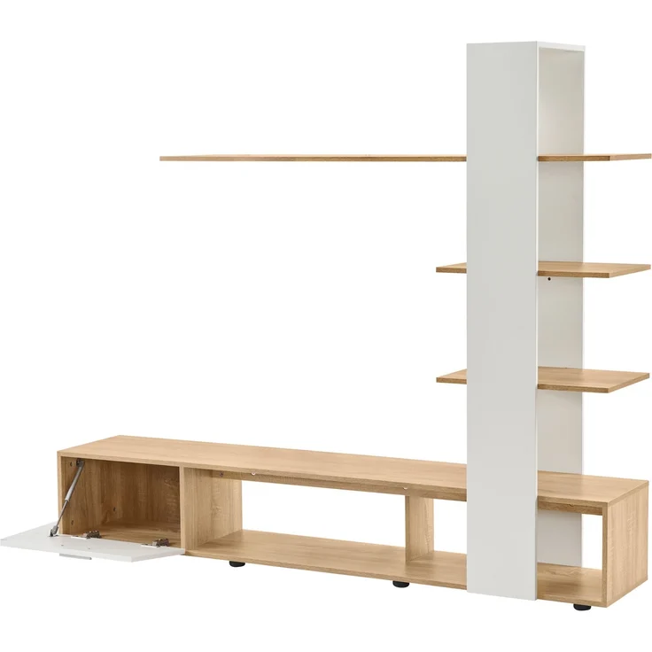 DESVIAE TV-Schrank-Set mit 3 Wandregalen und Stauraum, 180x151,5x33,5 cm, Spanplatte, Weiß und Holzfarben – Bild 8