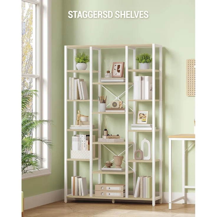 Bücherregal, Standregal mit 6 Ebenen 15 Ablagen, Verstellbare offene Ablagen, für Wohnzimmer, Büro, Schlafzimmer, 30 x 70 x 170cm, Weißeiche und Weiß – Bild 4