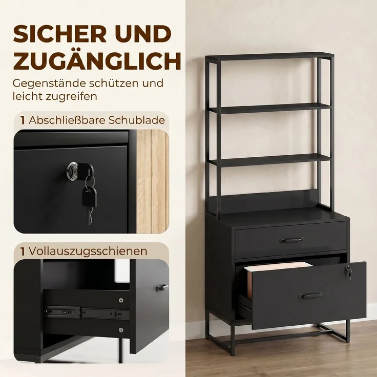 Aktenschrank mit Schubladen, Abschließbar Aufbewahrungsschrank mit Bücherregal für A4, Letter und Legal-Format, Schwarz--Schwarz--157x40x70cm--YOUDENOVA – Bild 8