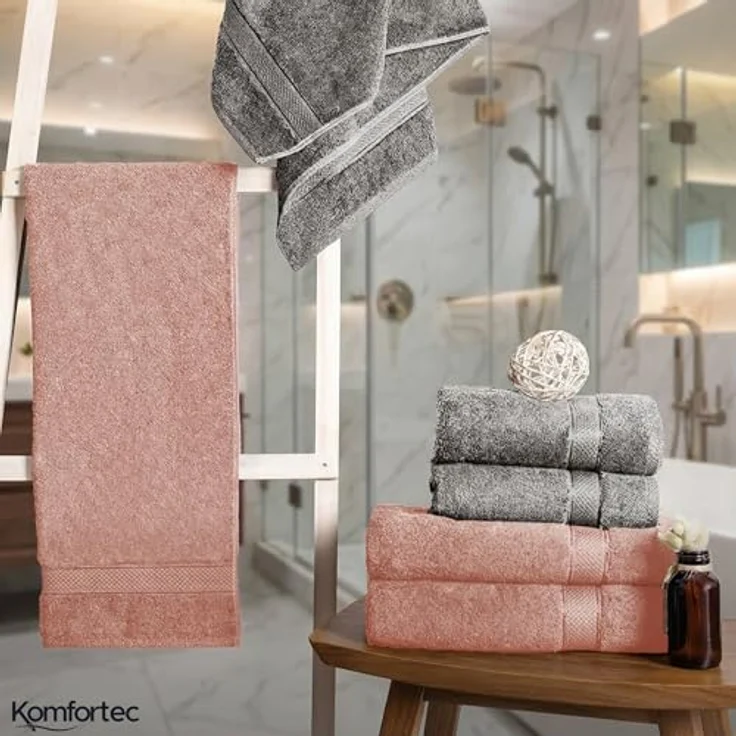 Komfortec 8er Handtuch Set aus 100% Baumwolle, 4 Badetücher 70x140 und 4 Handtücher 50x100 cm, Frottee, Weich, Towel, Groß, Anthrazit Grau/Blütenrosa – Bild 9