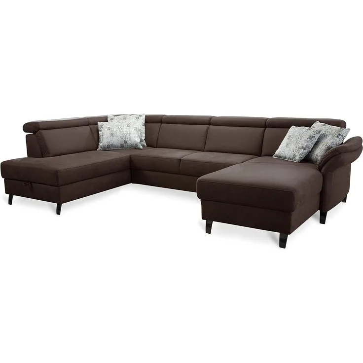 Cavadore Wohnlandschaft Ammerland mit Federkern, U-Form mit Ottomane links und Longchair rechts, inkl. Kopfteilverstellung, 317 x 84 x 193, lederoptik cognac