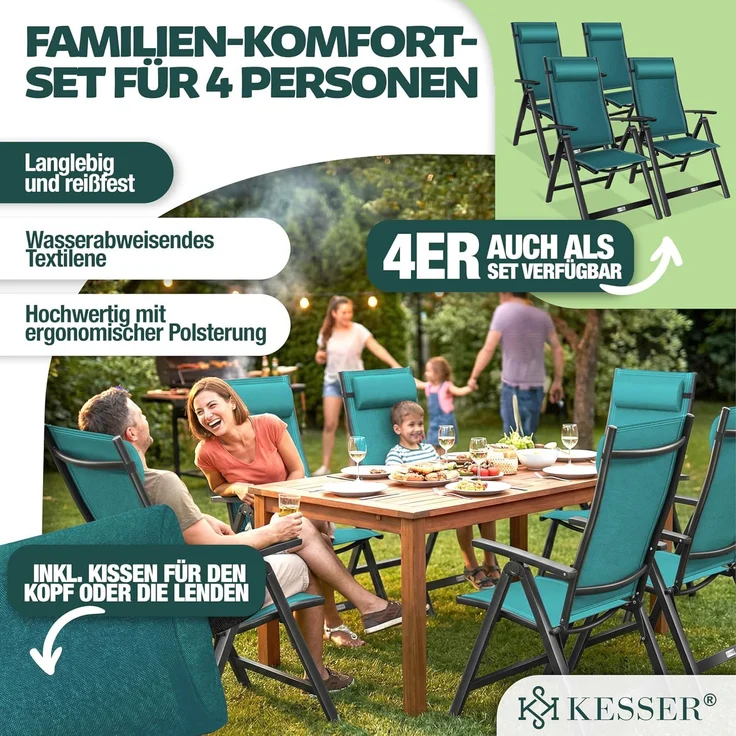 KESSER® Gartenstuhl Hochlehner mit Armlehnen | Aluminium Klappstuhl inkl. Kopfkissen Campingstuhl 7-Fach Verstellbar Rückenlehne | Atmungsaktiv & Wetterfest | Klappbar & Anti-Rutsch 4 Stück, Petrol Grün – Bild 3