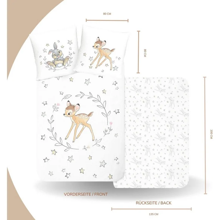 MTOnlinehandel Kinderbettwäsche "Stars" Bambi & Klopfer, Biber/ Flanell in 135x200 + 80x80 cm, Disney, 100% Baumwolle, 2 teilig, kuschelig weich für Herbst und Winter, Jungen und Mädchen, Sterne – Bild 4