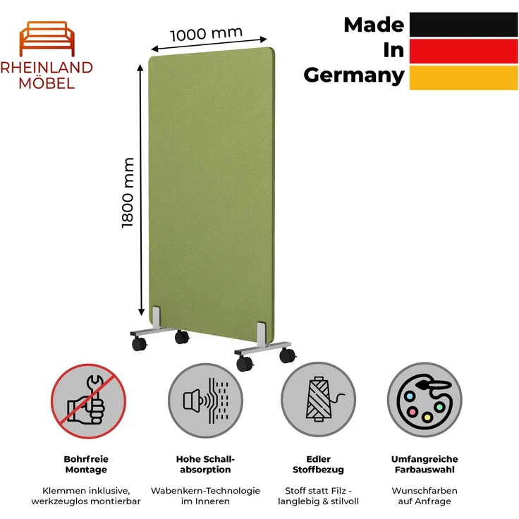 Rheinland Möbel FocusWall STWR1018 – Akustik-Stellwand 1000×1800 mm in Stofffarbe Apple inkl. Rollen – Mobile Schreibtisch-Trennwand für Büro & Homeoffice – Schallschutz – Made in Germany – Bild 2