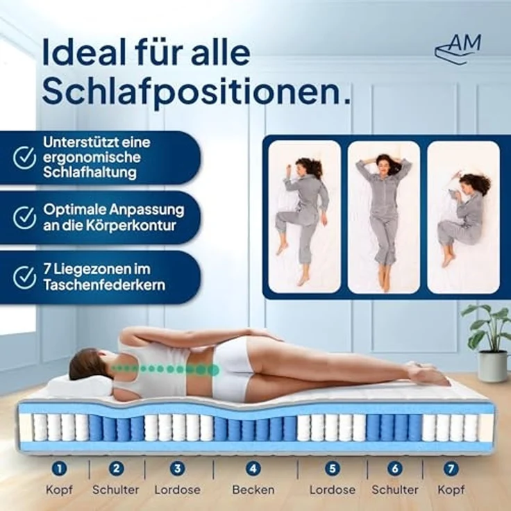 AM Qualitätsmatratzen Hochwertige 7-Zonen Taschenfederkernmatratze, H5 extra fest, Höhe 24 cm, 90x200 cm – Bild 2
