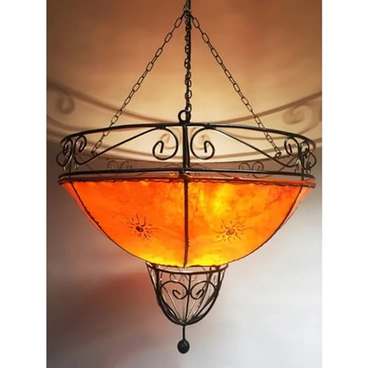 Marrakesch Orient & Mediterran Interior Pendelleuchte Demren Orange – Marokkanische Hängeleuchte Lampe aus Ziegenleder 45cm, Handarbeit – Bild 6