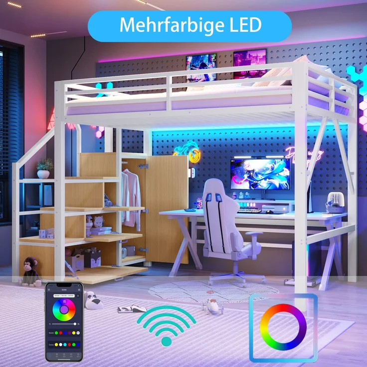 U-life Metall-Hochbett 140x200 cm mit Kleiderschrank, Staufächern, Treppe und LED-Beleuchtung, Weiß – Bild 5