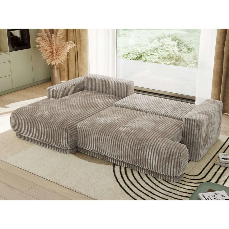 RINA L Design Ecksofa, Schlaffunktion & Stauraum, DL-System, Wellenfedern, Liegefläche 220x155 cm, freistehendes Polstersofa, Schlafcouch - Hellbraun Cord - Links Seite – Bild 4