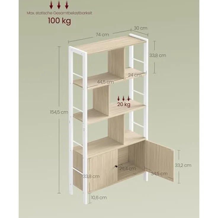 VASAGLE Bücherregal, Bücherschrank mit 4 offenen Regalebenen, Regal, Standregal, geräumiger Wohnzimmerschrank, Küche, Büro, Stahlgestell, modern, naturbeige-wolkenweiß LBC022LL01 – Bild 7