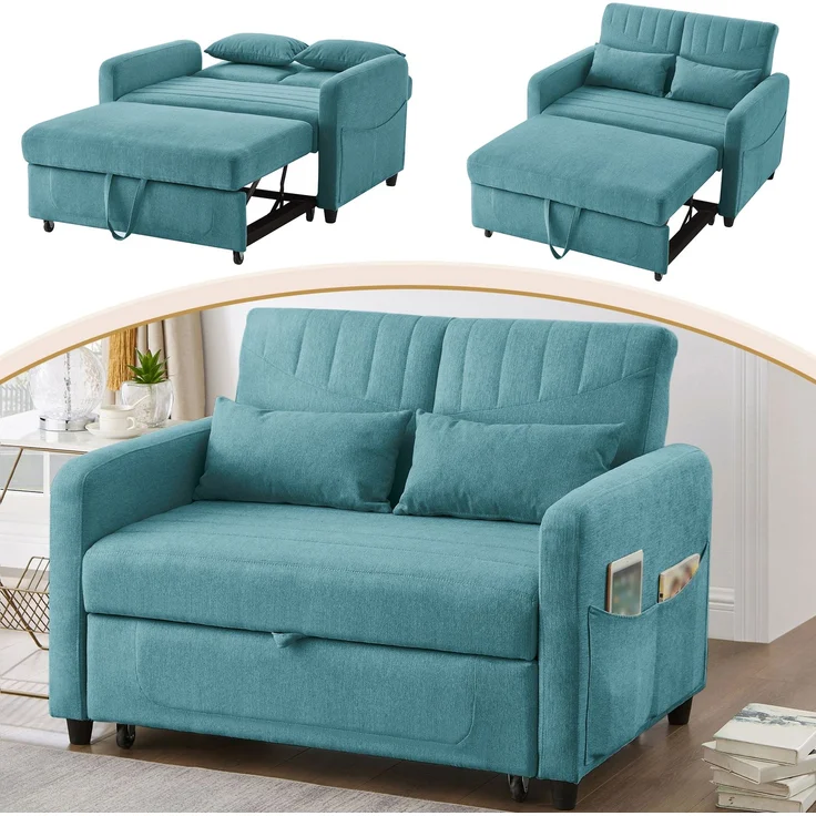 ZUBALIYA Sofa 166x95 cm, mit Ausziehbett, mit breiten Armlehnen, mit Schaumstoffpolsterung, ohne aufwendige Montage, Natur – Bild 2