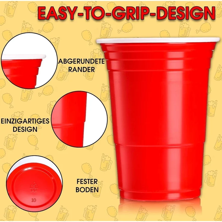 LATERN Bier Pong Becher, 100 Becher und 10 Bälle, Kunststoff rot, orange, blau & grün, 480 ml – Bild 2