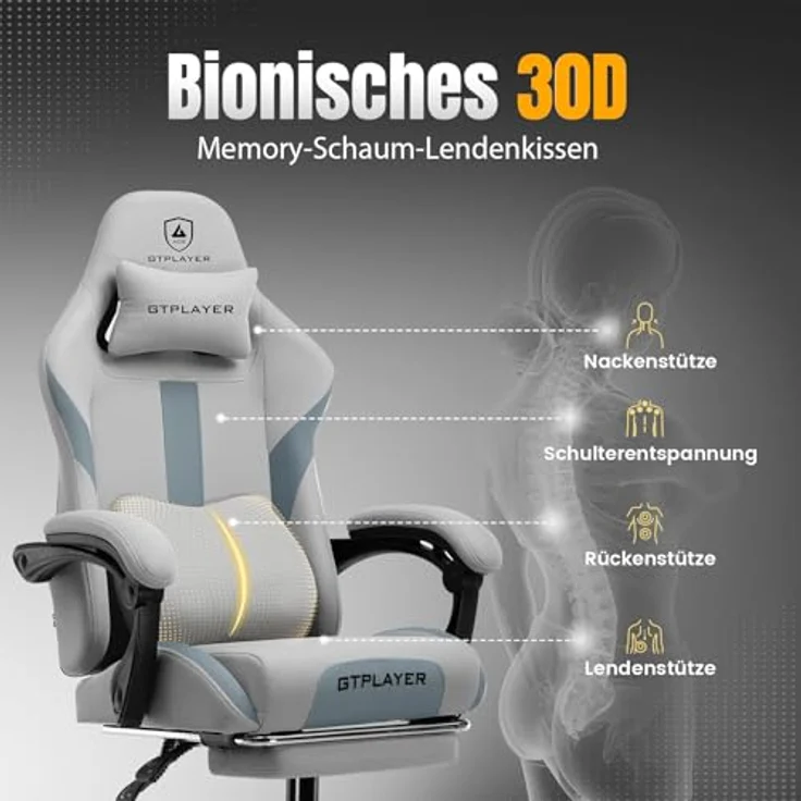 GTPLAYER Gaming-Stuhl Ergonomischer Gaming Sessel Schreibtischstuhl Gamer Stuhl aus Stoff, Federsitzkissen mit Fußstütze – Bild 7