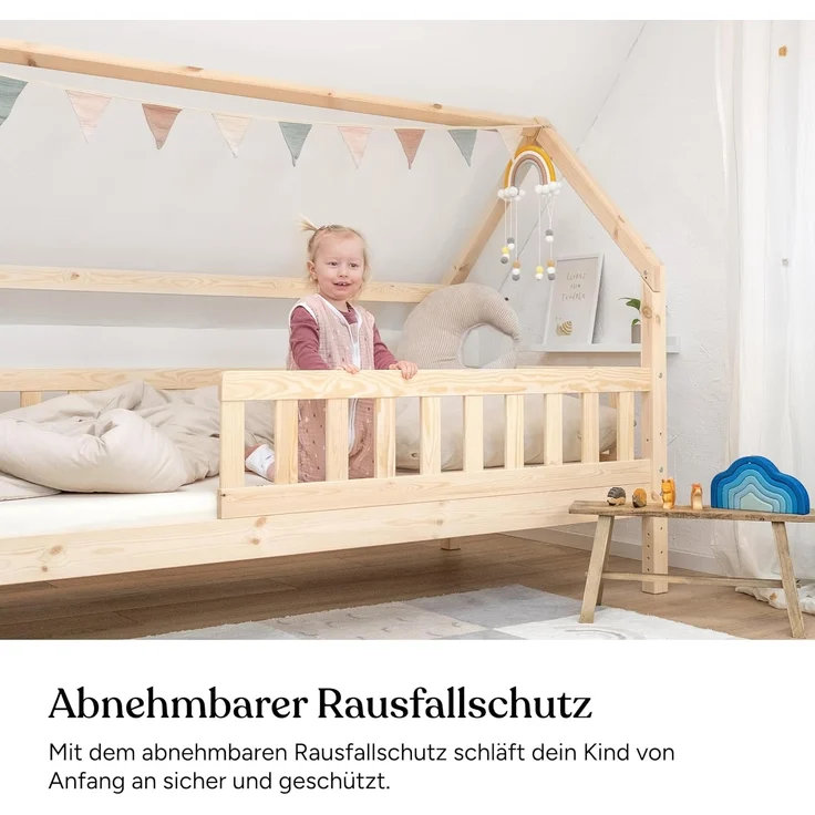 Ehrenkind® Hausbett | Kinderbett mit abnehmbaren Rausfallschutz aus Massivholz FSC zertifziert inkl. Lattenrost | Hausbett 90x200 | Kinderbett 90x200 Natur – Bild 2