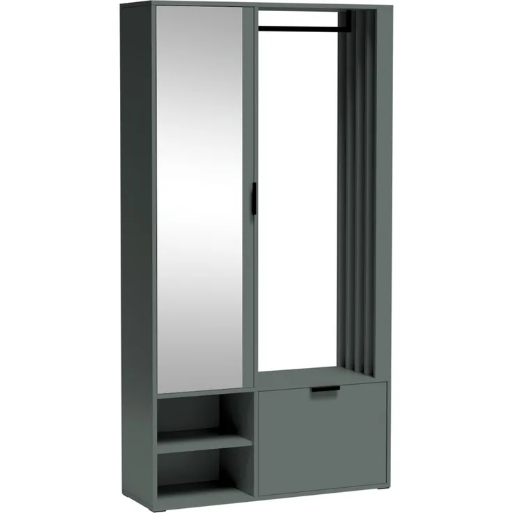 MEBLINI Garderobenschrank Flur mit Spiegel - MILANO UNI - 100x33x190cm R/L - Grün mit Sitzbank - Garderobe Schrank - Flurgarderobe schmal - Garderobe Flur Möbel Set - Flurschrank hoch