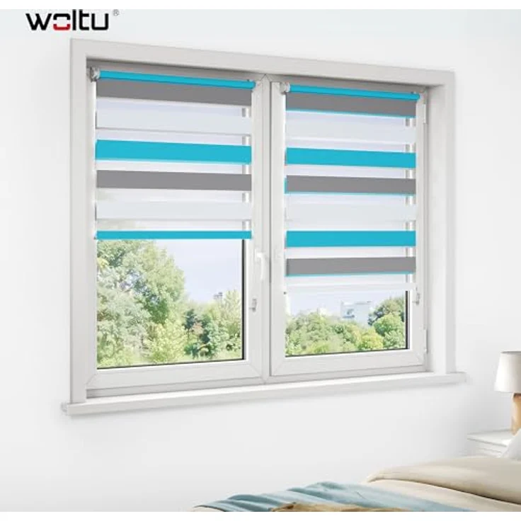 WOLTU Doppelrollo Klemmfix ohne Bohren 80x150 cm, Weiß+Grau+Türkis | Duo Rollos für innen Fenster & Tür, Zebrarollo Lichtdurchlässig Fensterrollo Seitenzugrollo Verdunkelnd, Stoffbreite 77 cm – Bild 2