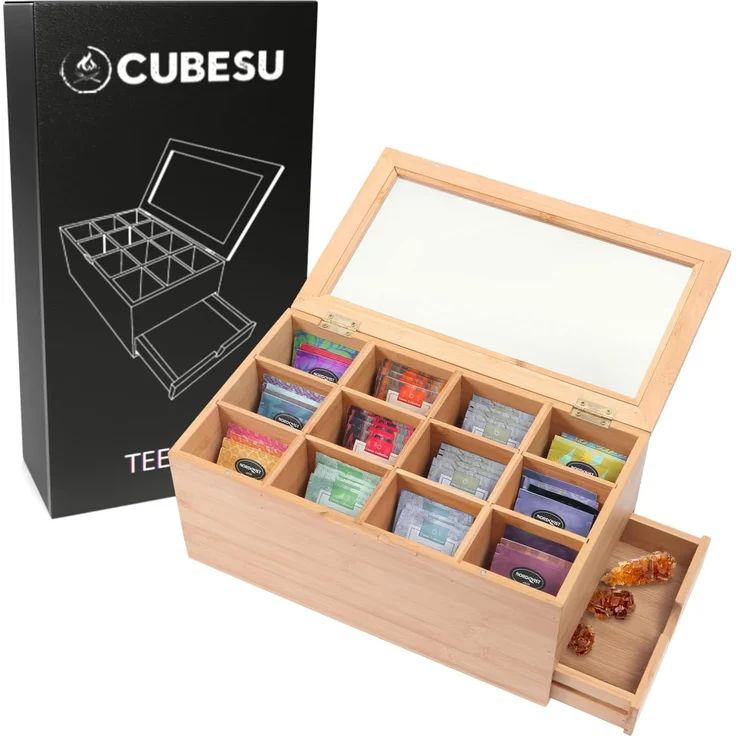Cubesu Teebox Premium Holz Teebeutelbox Teekiste Teebeutel Box, Bambus, 12 Fächer mit Sichtfenster & Schublade – Bild 1