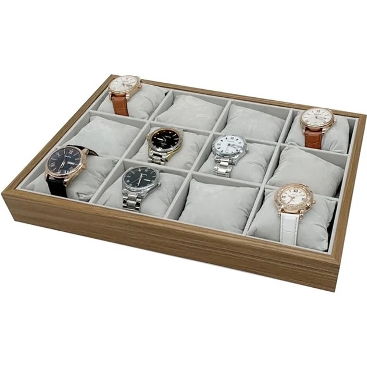mixed24 Uhrenbox Holz Uhrentablett für 12 Uhren (3x4) Uhrenkiste, Uhrenaufbewahrung Samt Uhrenpräsentation Vorzeigetablett Dunkelbraun – Bild 4