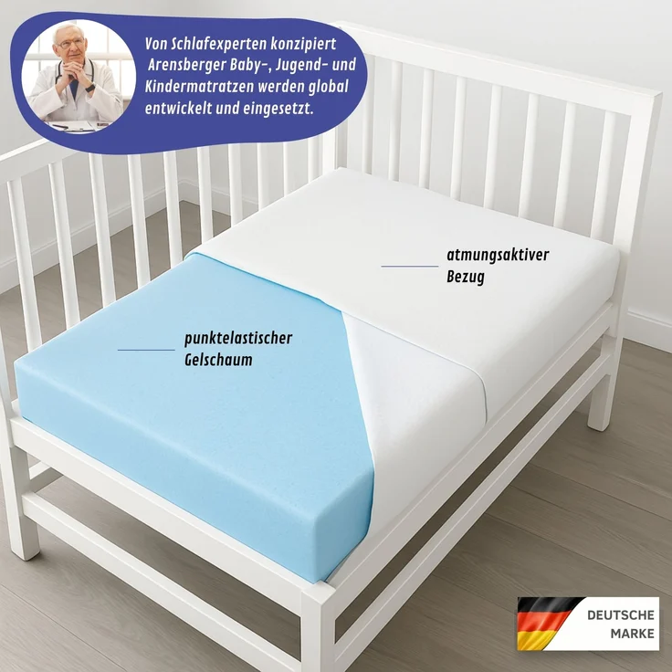 Arensberger Kindermatratze Babymatratze NORA | 60x120cm | Bezug waschbar & abnehmbar | punktelastischer Gelschaum | Jugendmatratze, allergikerfreundlich premium Bezug – Bild 2