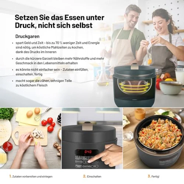 Lauben Schnellkochtopf 5000AT Electric Pressure Cooker, 5 l Fassungsvermögen, 9 Programme Multikocher, inkl. Kochbuch, manuelle Einstellung, Einhandventilsteuerung, Warmhalten – Bild 2