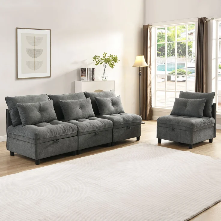 ZUBALIYA Wohnlandschaft, mit Stauraum, mit Chenille - Bezug, mit Samtbezug, mit Knopfheftung, modular aufgebaut – Bild 3