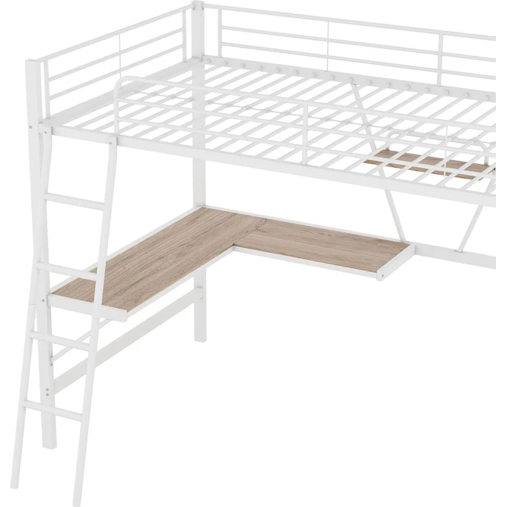 Hochbett, 90x200cm Bettgestell Metallbett, Eisenbett, Hochbett mit L-förmigem Schreibtisch und einem Regal für Kinder, Jugendliche und Erwachsene, Ohne Matratze, Weiß – Bild 9