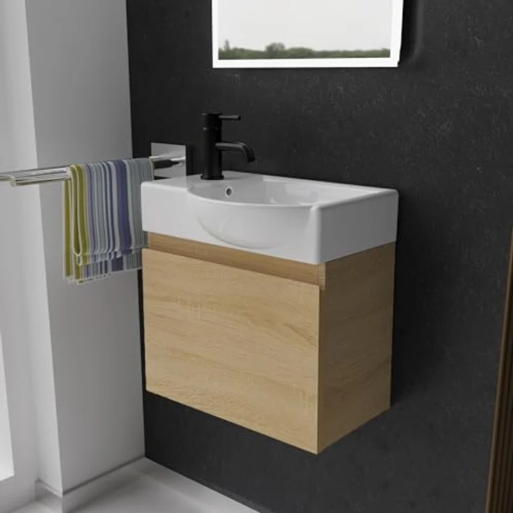 Alpenberger Badmöbel-Set - Gäste WC Waschbecken mit Unterschrank 45 cm Breit, (Badschrank 2-tlg, Waschtisch hängend), Waschbeckenunterschrank mit Softclose - Eiche Hell - Rechts Becken – Bild 2