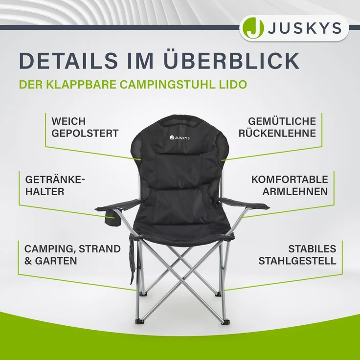 Juskys Campingstuhl Lido mit Getränkehalter & Tasche - Camping Klappstuhl gepolstert - Faltstuhl Angelstuhl Strandstuhl Chair - Stuhl Schwarz – Bild 5