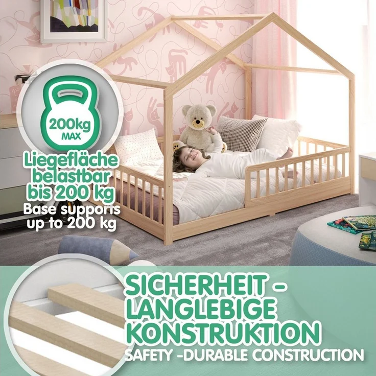 CADANI Kinderbett Malte Hausbett Bodenbett Rausfallschutz abnehmbar bis 200 kg belastbar (140x200 cm, Montessori Kinder- & Jugendbett aus Kiefer Massivholz), inkl. stabilem Roll-Lattenrost, langfristig nutzbar, Natur – Bild 4