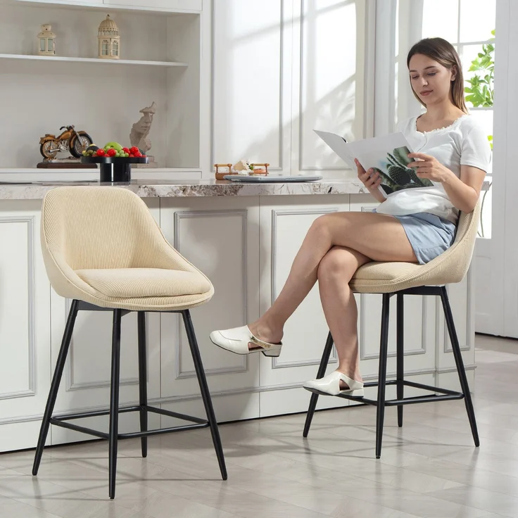 2er-Set Barhocker aus Cord, Barstühle mit geschwungener Rückenlehne, Fußstütze, 49 x 52 x 88 cm, beige – Bild 10