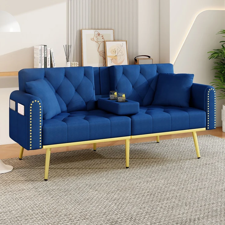 ZUBALIYA Schlafsofa 80x73.5 cm, mit LED - Beleuchtung, mit Stauraum, mit Samtbezug, mit breiten Armlehnen, Gold – Bild 2