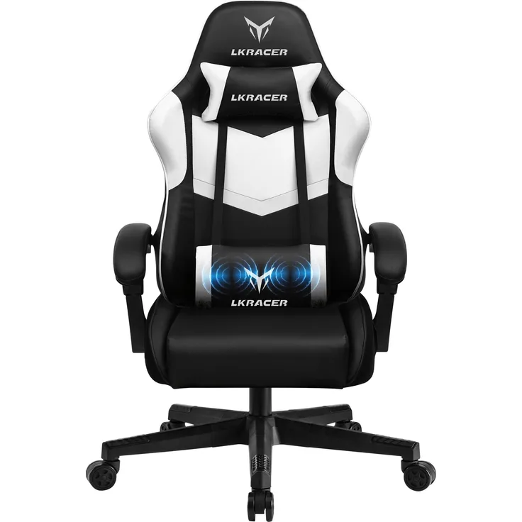 GTPLAYER Gaming Stuhl Bürostuhl Massage Gaming Sessel Ergonomischer Gamer Stuhl, Kopfstütze Massage-Lendenkissen, Gepolstert Gaming Chair, Drehsessel, weiß