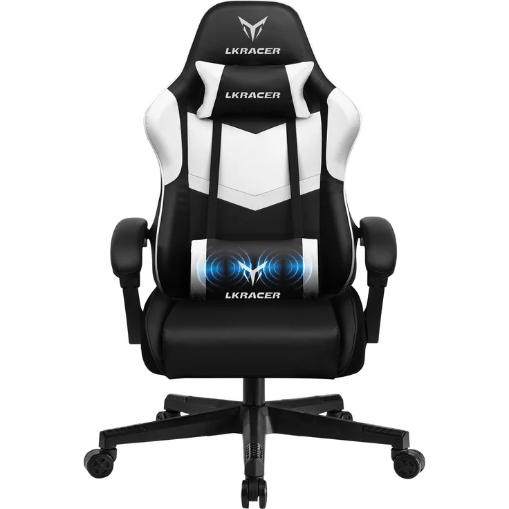 GTPLAYER Gaming Stuhl Bürostuhl Massage Gaming Sessel Ergonomischer Gamer Stuhl, Kopfstütze Massage-Lendenkissen, Gepolstert Gaming Chair, Drehsessel, weiß
