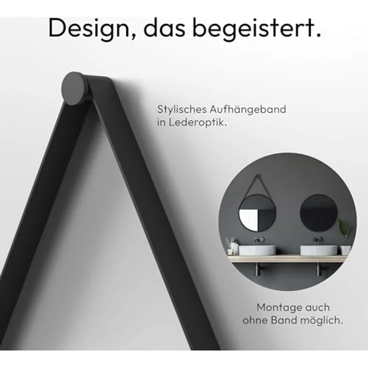 Talos Talos Black Style, runder Badspiegel Ø 50 cm in matt schwarz mit Aluminiumrahmen und Lederoptik-Band, feuchtraumgeeignet, einfache Montage – Bild 4