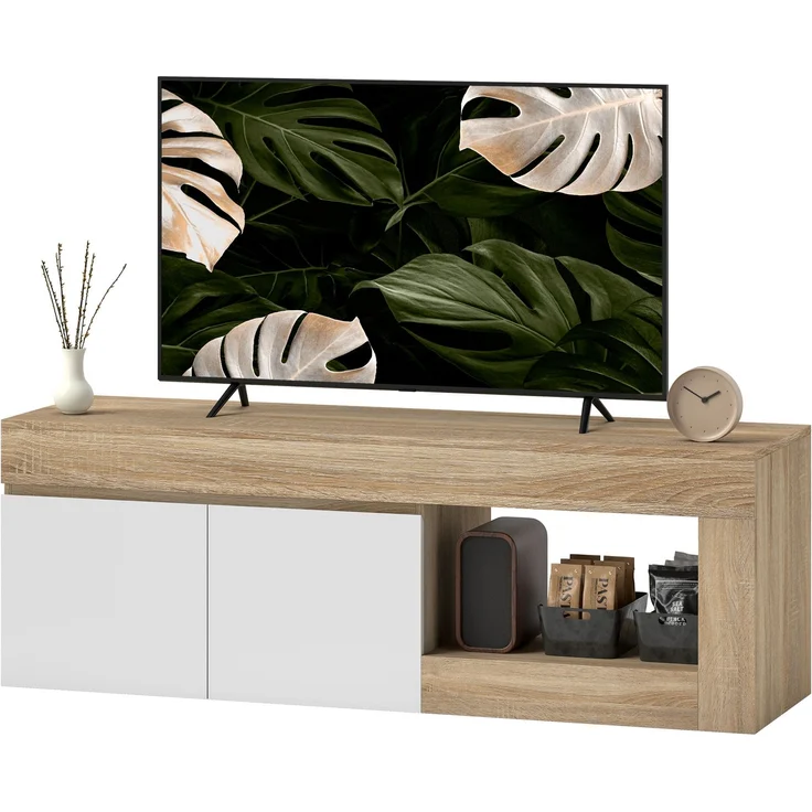 2-türiger TV-Schrank für Fernseher bis zu 60 Zoll, TV-Schrank mit Schrank und offenem Regal, Naturholz-Optik – Bild 2