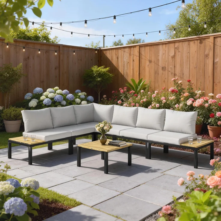 Wohnora-6-teiliges modulares Gartenmöbelset, Gartensofa, das sich in ein Bett verwandeln lässt, Couchtisch und Beistelltische, Grau,H 68cm x T 284cm x B 222cm,Hellgrau – Bild 2