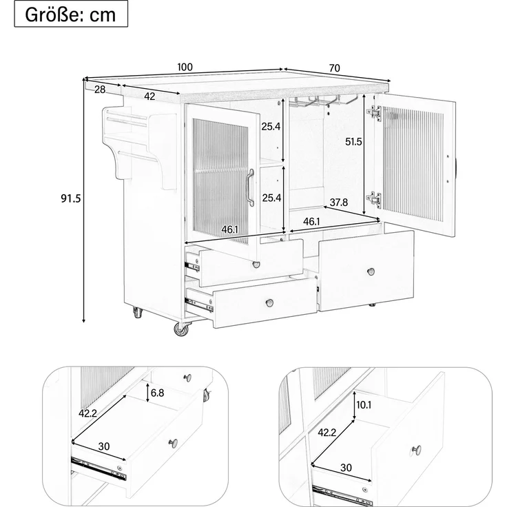 Merax Kücheninsel mit Rollen und ausziehbarem Esstisch, Küchenwagen mit Weinglashalter und Stauraum, Ideal für Küche und Esszimmer (Weiß) – Bild 4