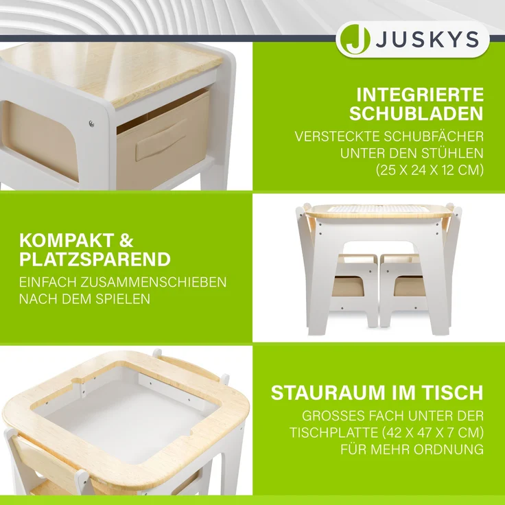 Juskys 'Milou' Kindersitzgruppe mit 2 Stühlen, 1 Tisch & Stauraum, Holz weiß – Bild 5