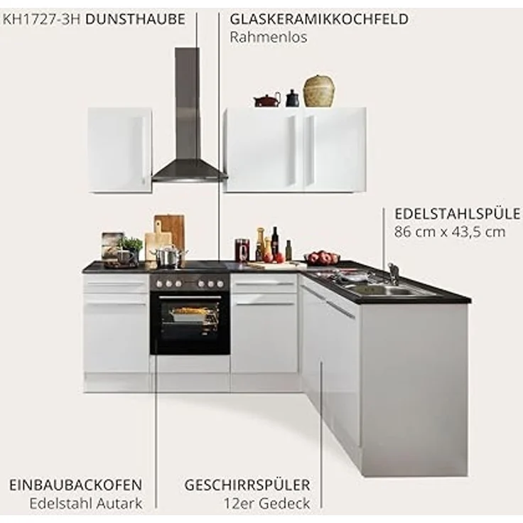 Jazz 8 Moderne Eckküche ohne Elektrogeräte in Weiß Hochglanz, Metallic Grau - Geräumige Küchenzeile in L-Form mit viel Stauraum - 220 x 211 x 60 cm (B/H/T) – Bild 7
