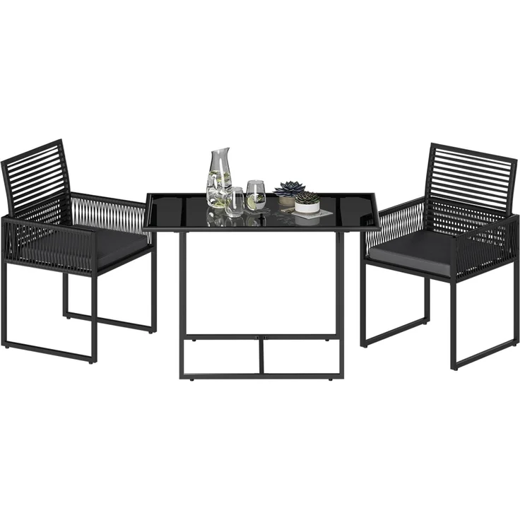 STEELSØN 'Kynaris' 3-tlg. Gartenmöbel-Set, Sitzgruppe aus 2 Polyrattan-Stühlen und Gartentisch, Metall, zusammenklappbar, schwarz/anthrazit, wetterfest – Bild 2
