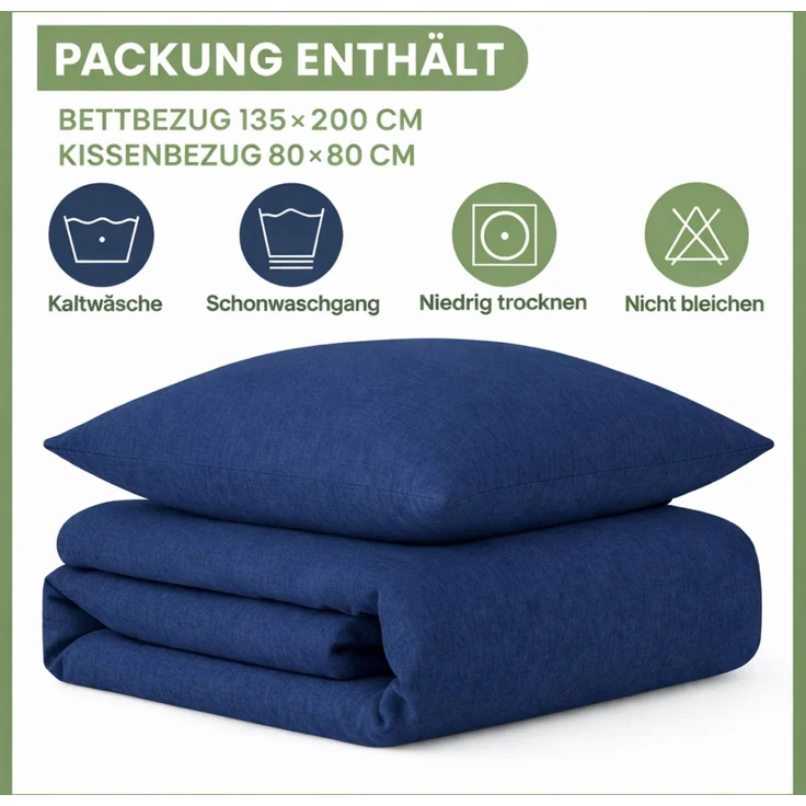 Julido Jersey Bettwäsche 155x220 80x80 Baumwolle Set Druckknopf weich Marineblau – Bild 3